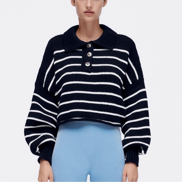 Zara Sweaters - Zara Striped Navy White Knit Cropped Collared Sweater